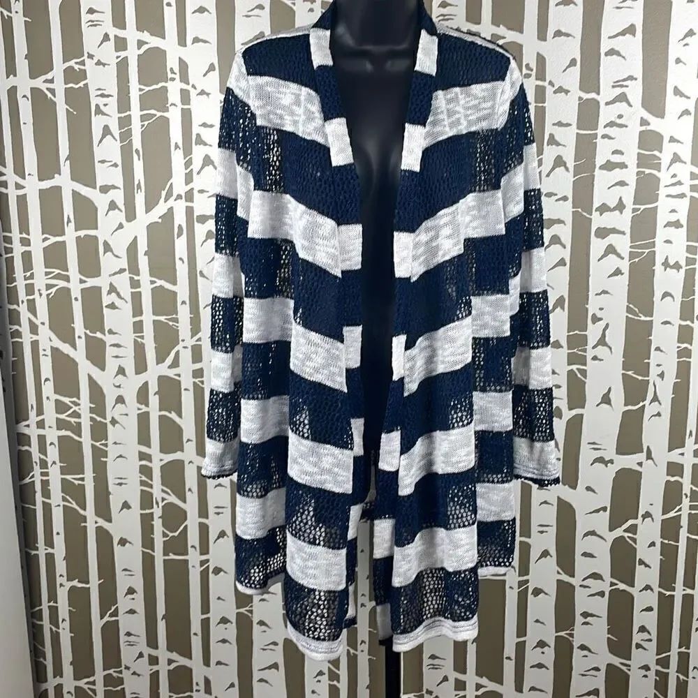 Longline Open Front Loose Knit Striped Cardigan Sweater XXL